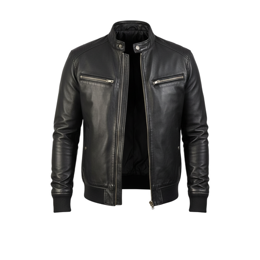 Black leather jacket on a light gray background