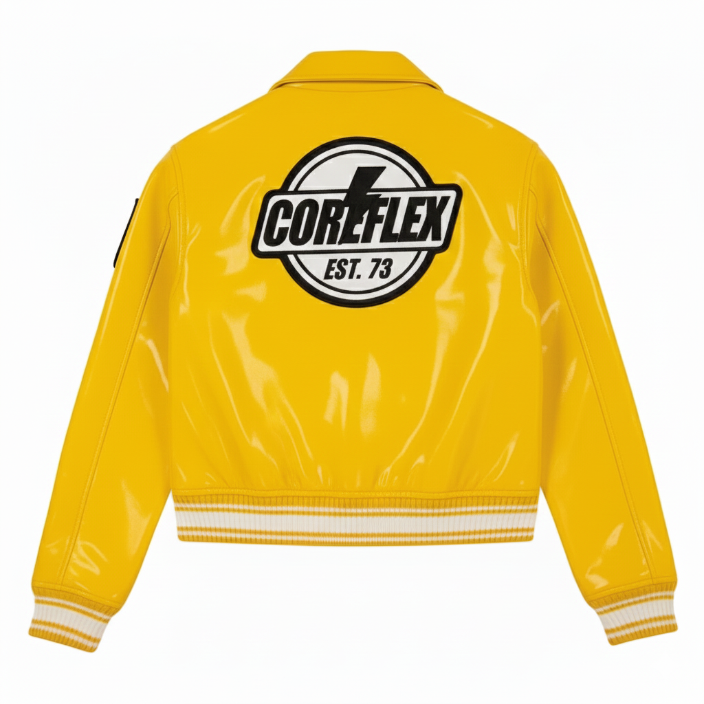 Yellow jacket with Coreflex logo on the back against a white background