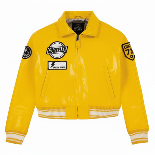 Yellow jacket with patches on a white background