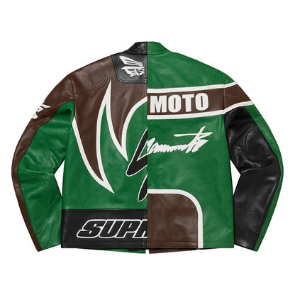 A split-design leather jacket with green and brown panels, black leather sleeves, and white graphic text and logos, shown against a plain white background.