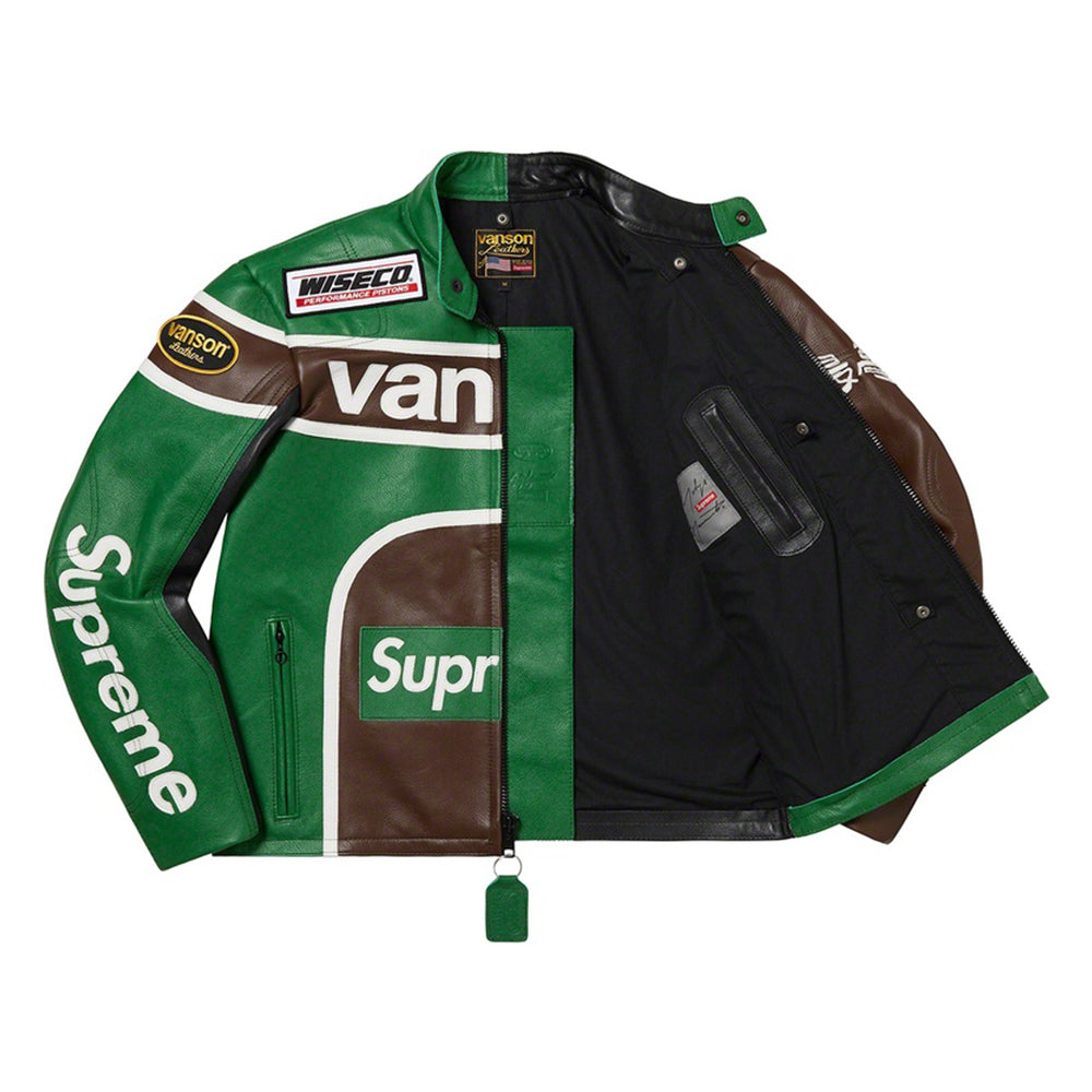 A green and brown leather racing jacket with Supreme and Wiseco branding, shown open to display its black interior lining.