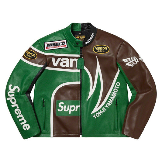 A green and brown leather racing jacket inspired by Yoriichi Tanamoto, featuring sponsor logos from Supreme, Wiseco, and VanSason, and the name 'Yorji Tamamoto' printed on the front.