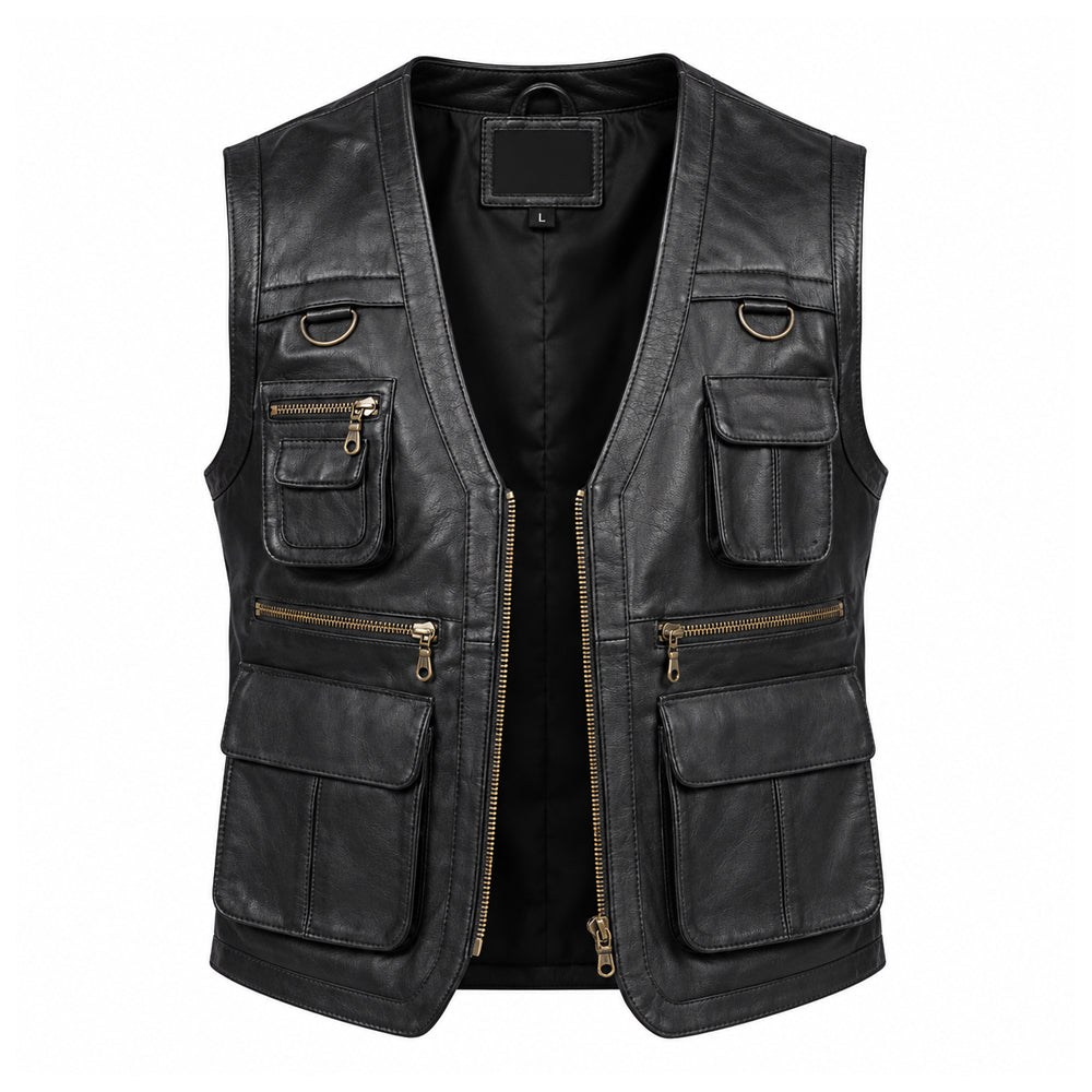 Safari brown leather vest for men made from genuine sheepskin with multiple pockets