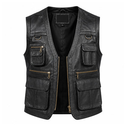 Safari brown leather vest for men made from genuine sheepskin with multiple pockets