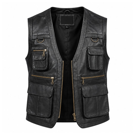 Safari brown leather vest for men made from genuine sheepskin with multiple pockets