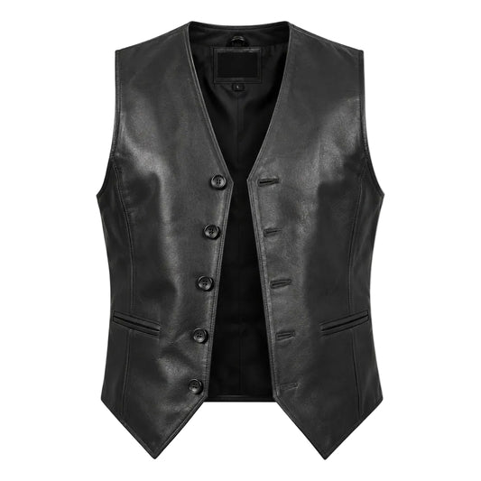 Auden black leather vest for men made from genuine cowhide with five button closure