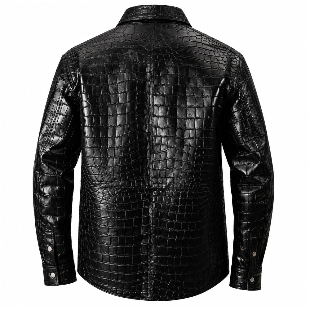 Back view of black crocodile leather shirt jacket for men
