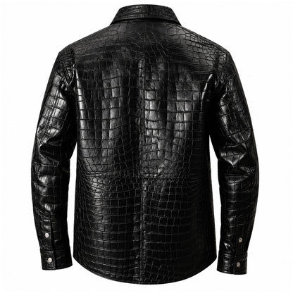 Back view of black crocodile leather shirt jacket for men