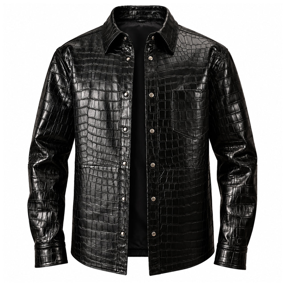 Crocodile textured black leather detail on men's shirt jacket