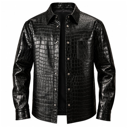 Crocodile textured black leather detail on men's shirt jacket