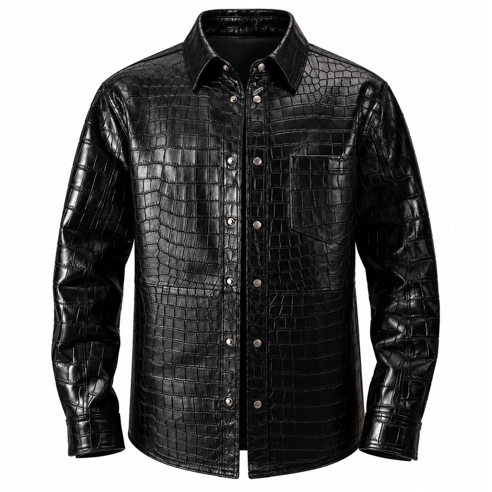 Black crocodile leather shirt jacket for men with textured finish