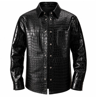 Black crocodile leather shirt jacket for men with textured finish