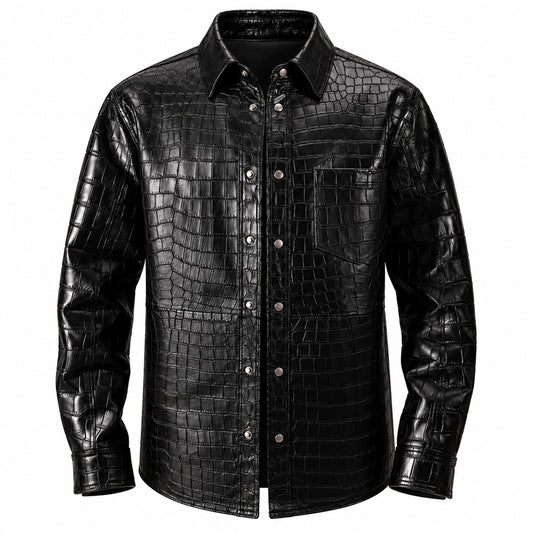 Black crocodile leather shirt jacket for men with textured finish