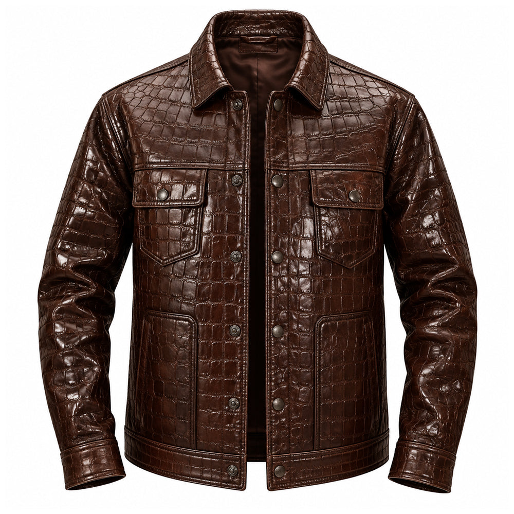 Brown Crocodile Leather Shirt Jacket