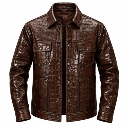 Brown Crocodile Leather Shirt Jacket
