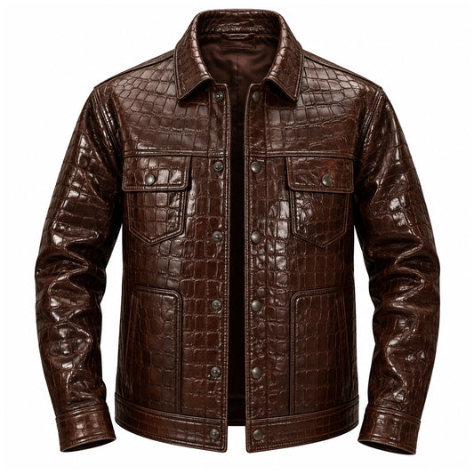 Brown Crocodile Leather Shirt Jacket
