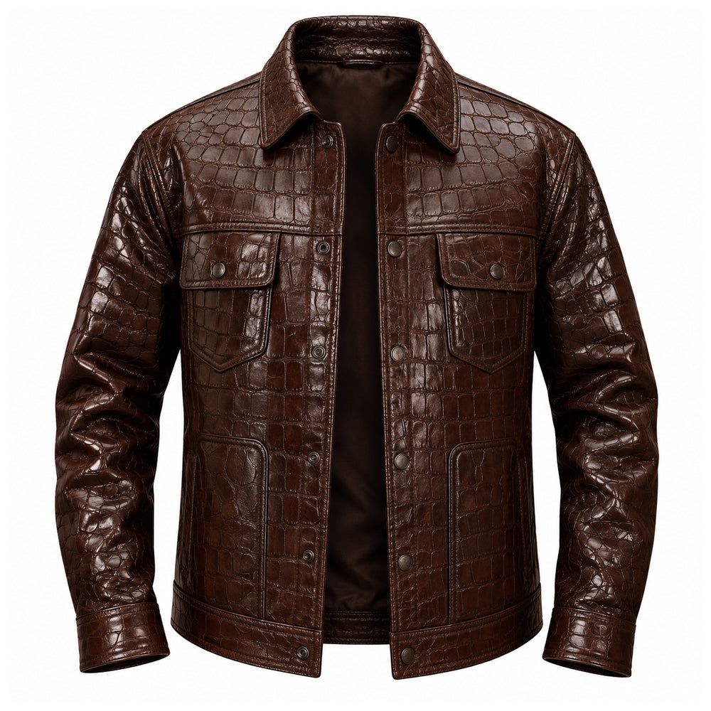 Brown Crocodile Leather Shirt Jacket