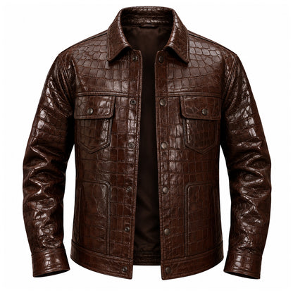 Brown Crocodile Leather Shirt Jacket