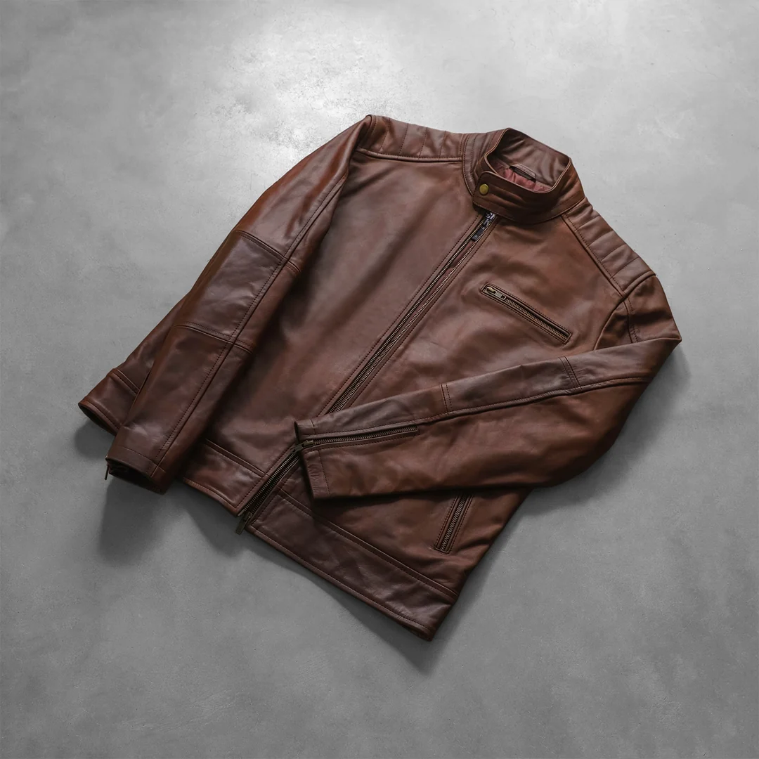 Men's Brown Leather Biker Jacket flat lay