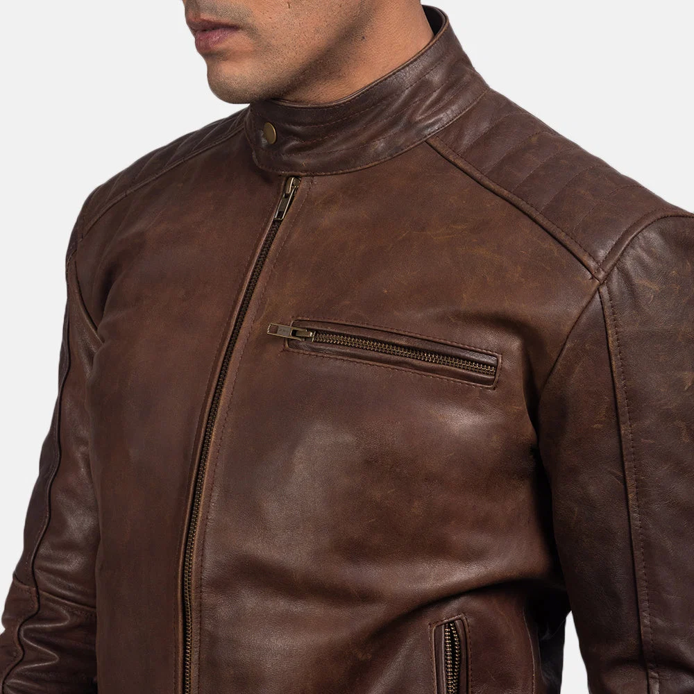 Men's Brown Leather Biker Jacket close-up detail