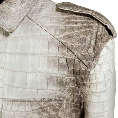 Himalayan crocodile textured leather coat collar and front detail