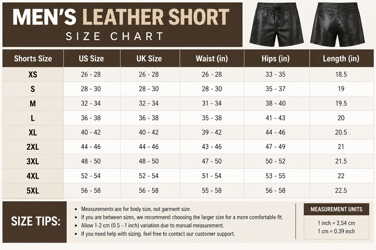 A men's leather shorts size chart graphic with a size table from XS to 5XL, US and UK sizes, hip measurements, and length in inches. Two black shorts are shown at the top right, and size tips appear at the bottom left.