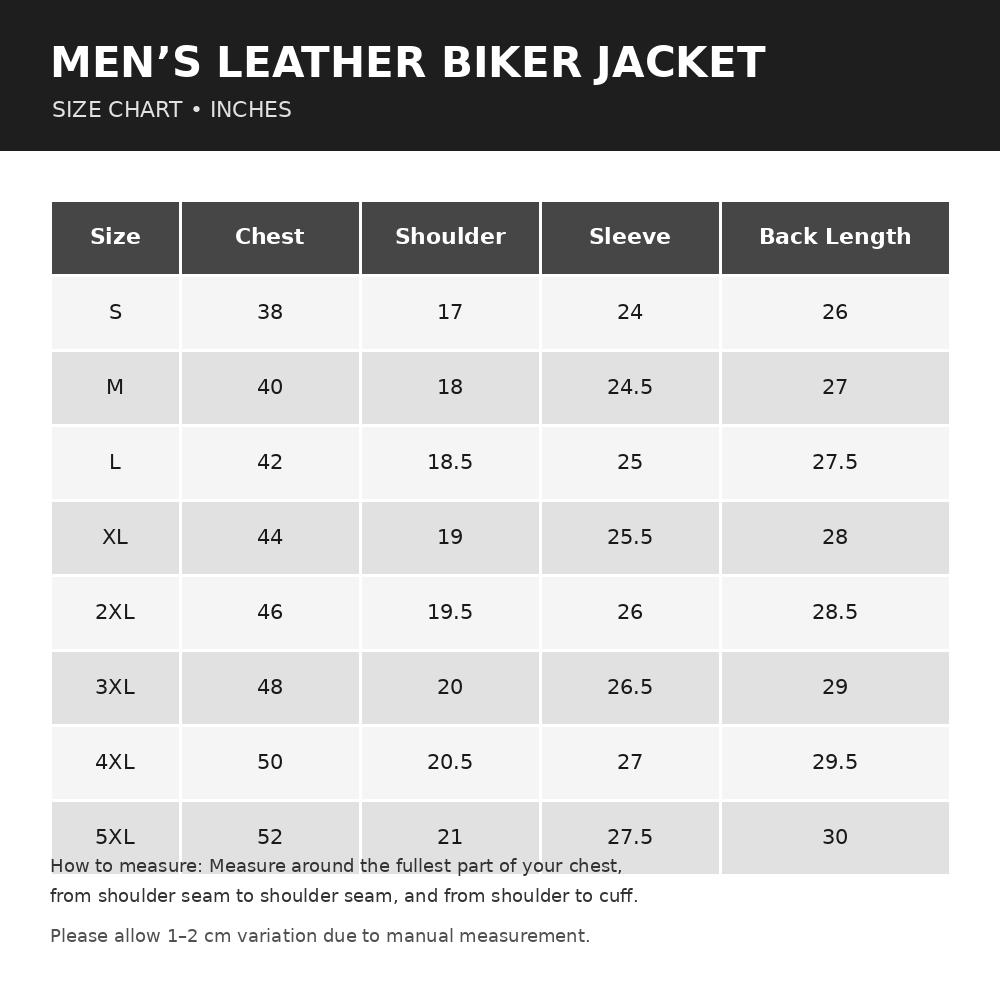 Men's Brown Leather Biker Jacket Size Chart - CoreFlexInd