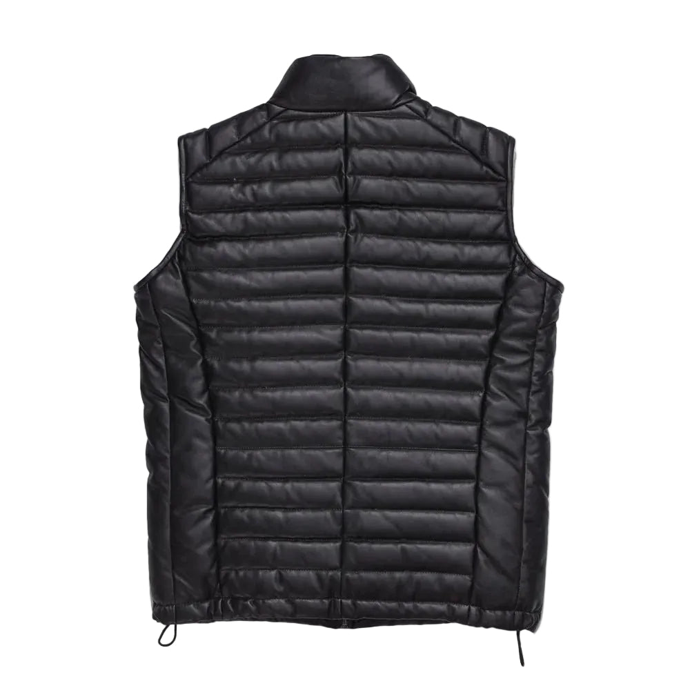 Men's black leather down vest with quilted design and padded collar