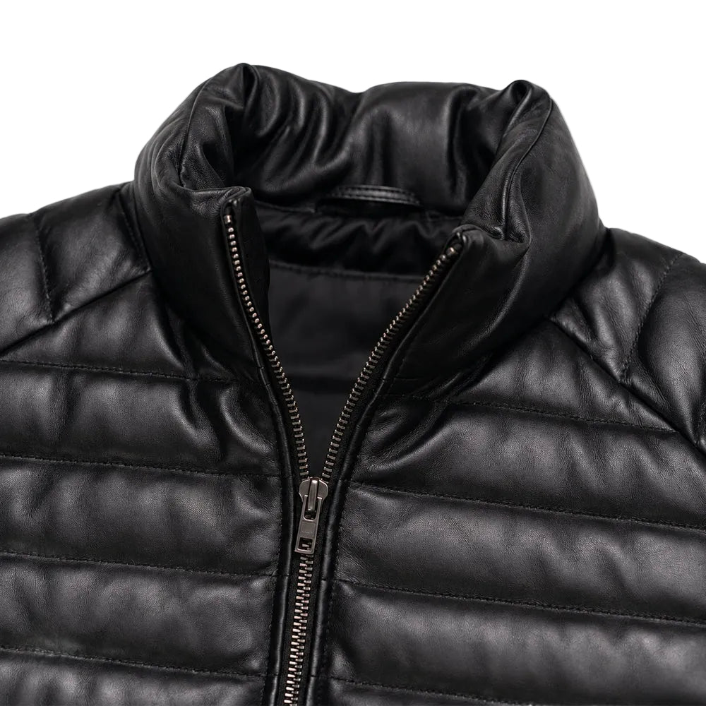 Men's black leather down vest with quilted design and padded collar