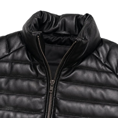 Men's black leather down vest with quilted design and padded collar