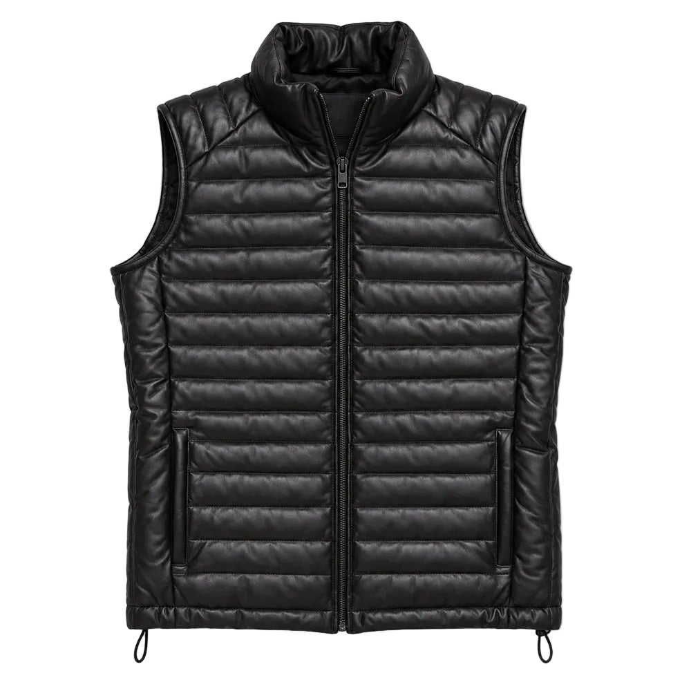 Men's black leather down vest with quilted design and padded collar