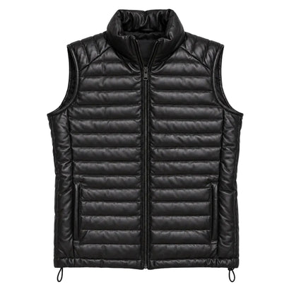 Men's black leather down vest with quilted design and padded collar