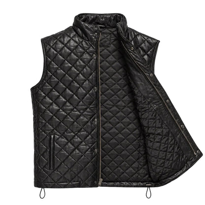 Men's black quilted leather vest made from genuine full-grain lambskin