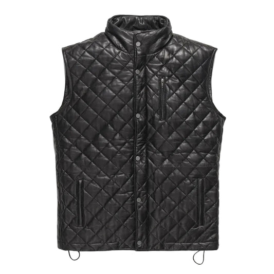 Men's black quilted leather vest made from genuine full-grain lambskin