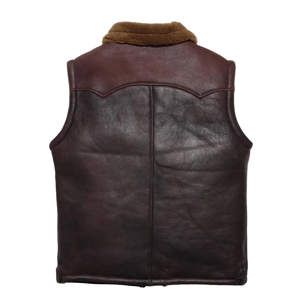 Men's two-tone brown shearling leather vest with Western yoke and shearling lining