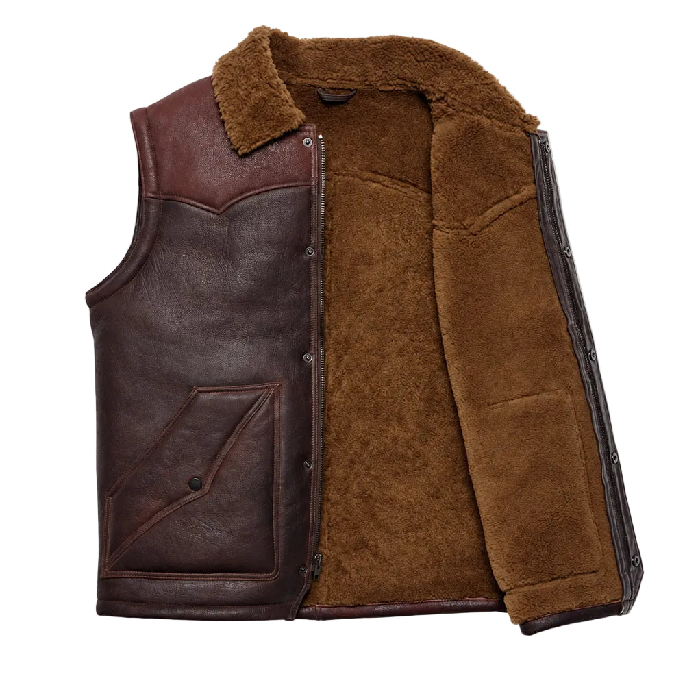 Men's two-tone brown shearling leather vest with Western yoke and shearling lining
