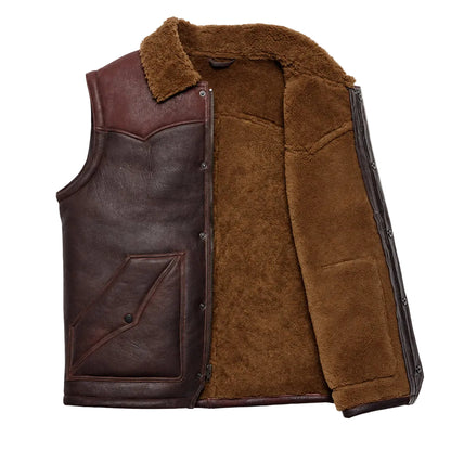 Men's two-tone brown shearling leather vest with Western yoke and shearling lining