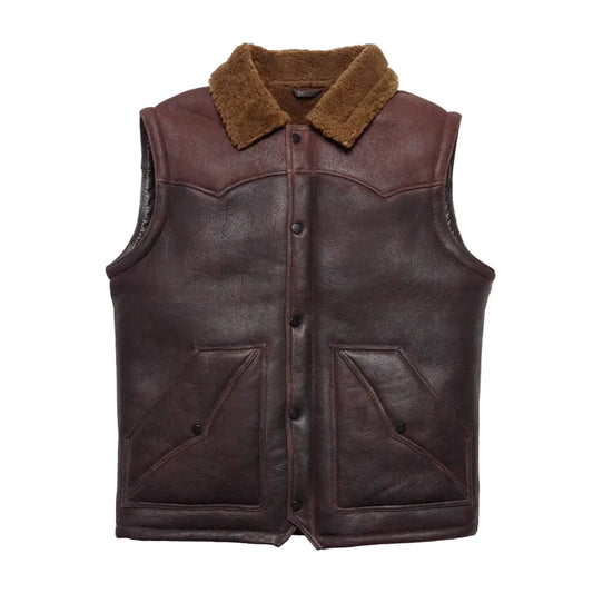 Men's two-tone brown shearling leather vest with Western yoke and shearling lining