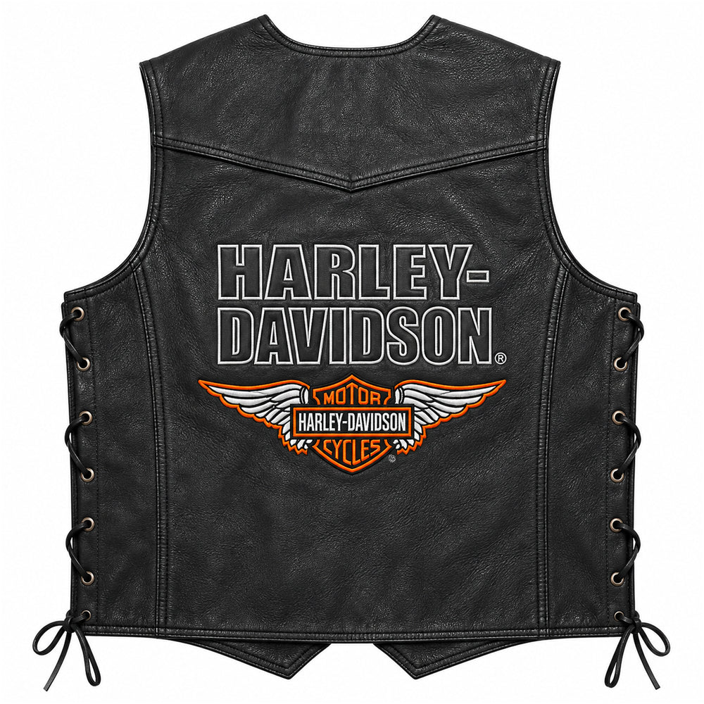 Men's genuine black leather motorcycle vest with classic biker design