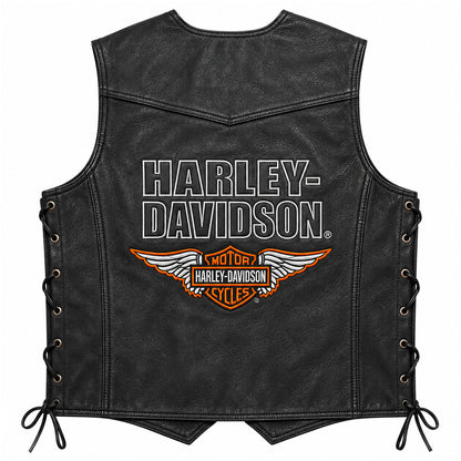 Men's genuine black leather motorcycle vest with classic biker design