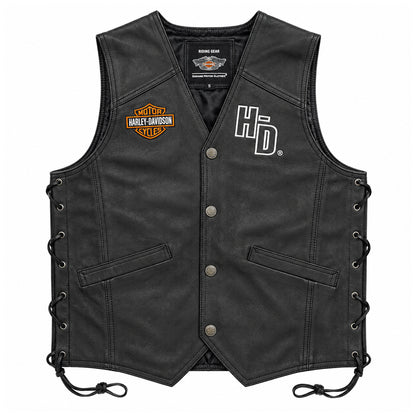 Men's genuine black leather motorcycle vest with classic biker design