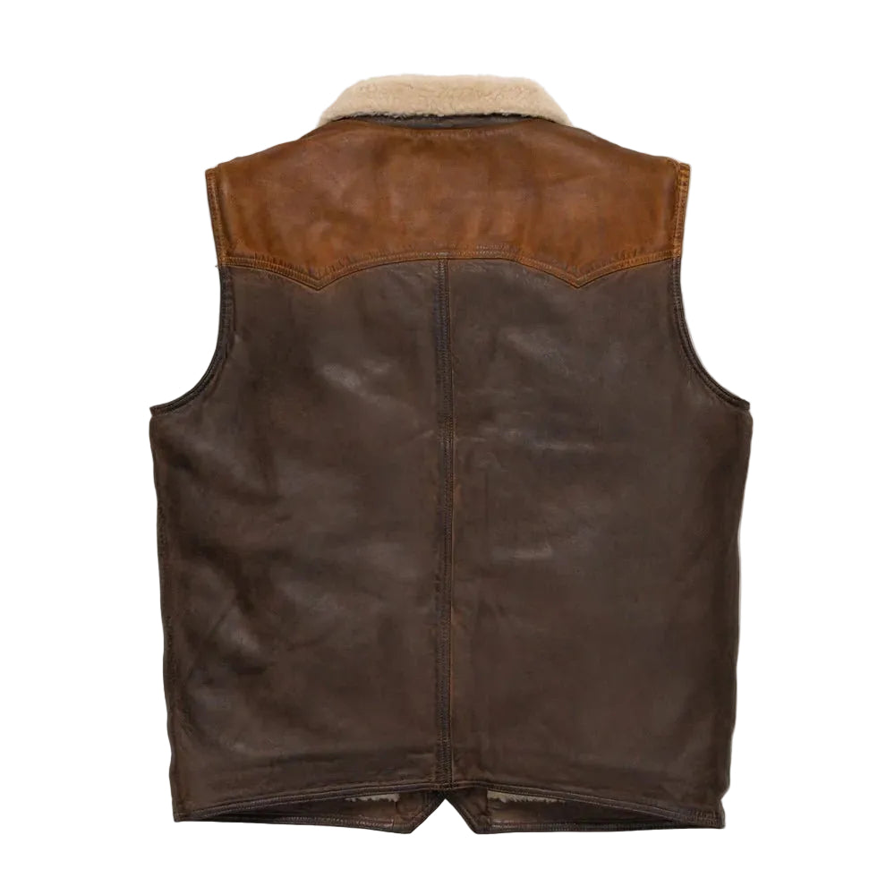 Men's tan and brown leather sherpa vest with Western yoke and distressed finish