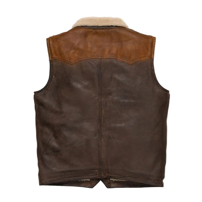 Men's tan and brown leather sherpa vest with Western yoke and distressed finish