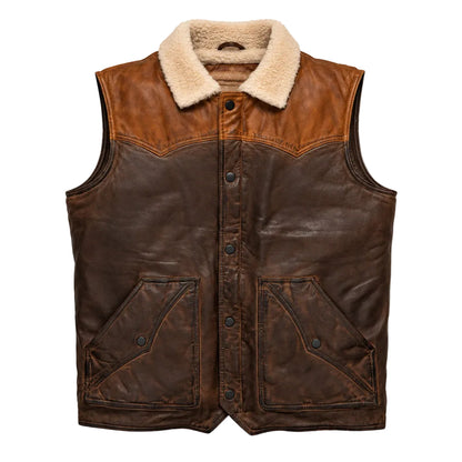 Men's tan and brown leather sherpa vest with Western yoke and distressed finish