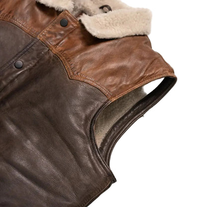 Men's tan and brown leather sherpa vest with Western yoke and distressed finish