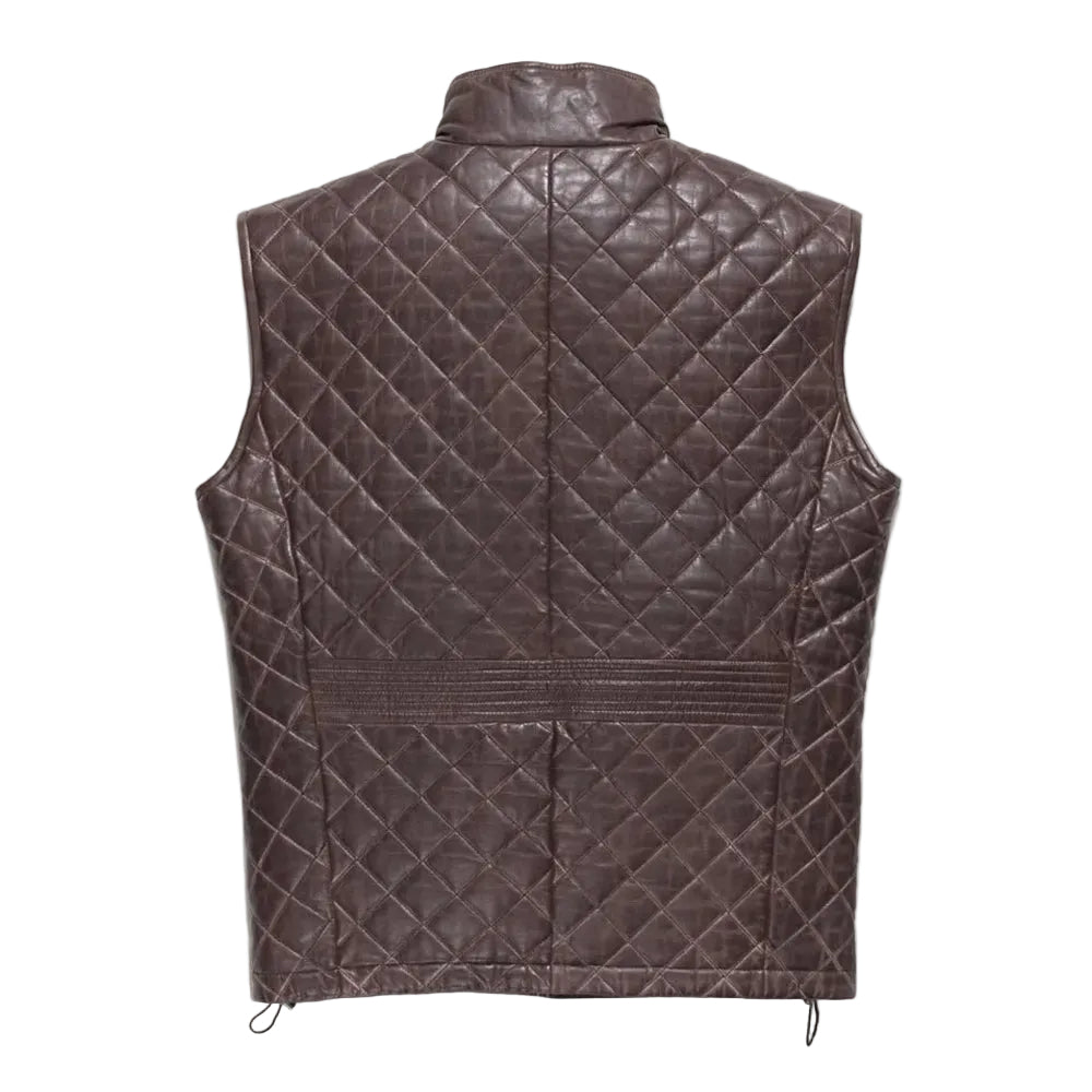 Men's Mahogany Brown quilted leather vest made from genuine full-grain lambskin