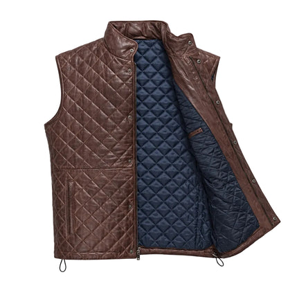 Men's Mahogany Brown quilted leather vest made from genuine full-grain lambskin