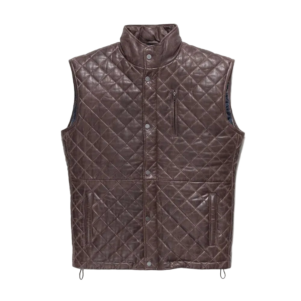 Men's Mahogany Brown quilted leather vest made from genuine full-grain lambskin