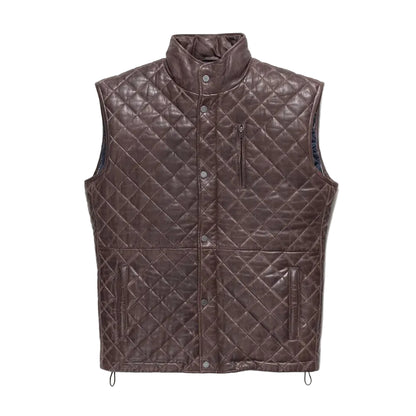 Men's Mahogany Brown quilted leather vest made from genuine full-grain lambskin