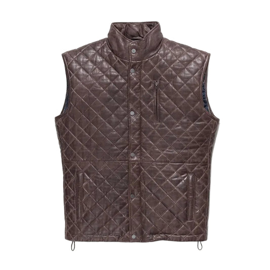 Men's Mahogany Brown quilted leather vest made from genuine full-grain lambskin